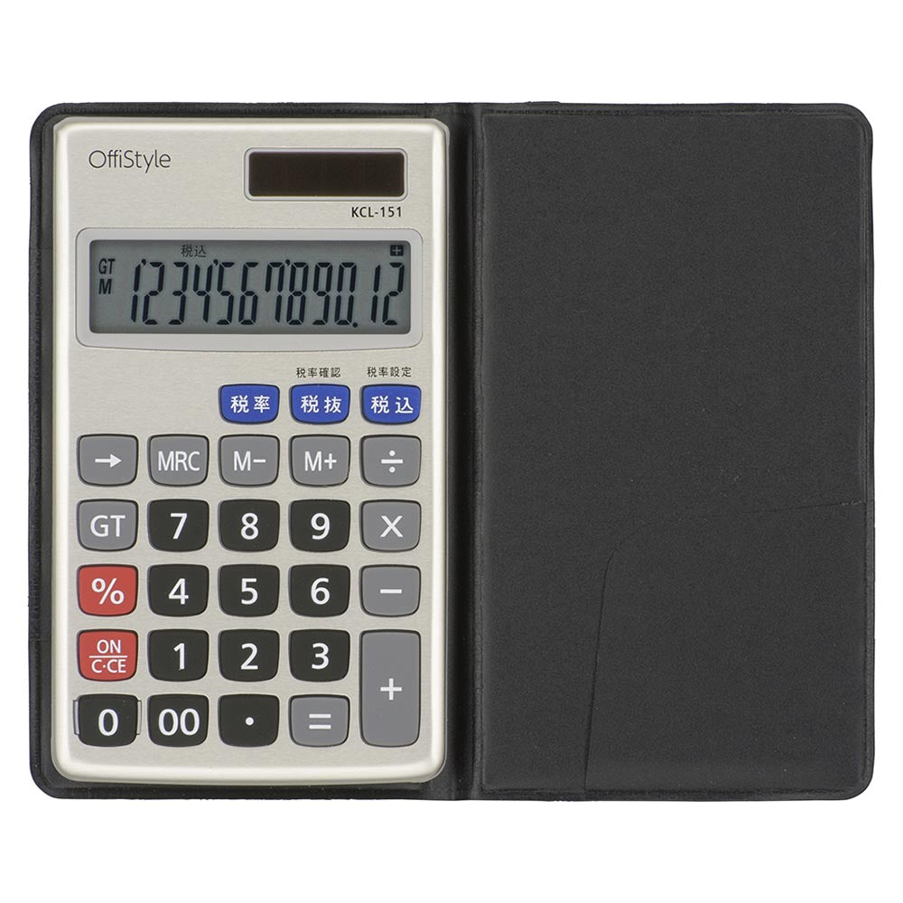 12桁手帳サイズ税率電卓(ソーラーパネル&電池の2電源/手帳カバー付属/グレー)_07-8636_KCL-151_OHM(オーム電機)